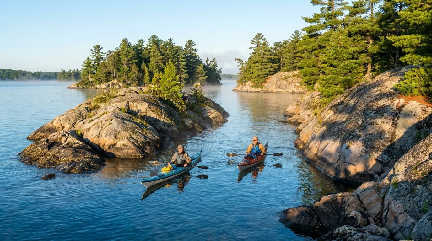 Two sea kayakers paddling through a narrow channel between granite pine islands on the calm blue St. Lawrence River, Thousand Islands Ontario, ultrarealistic photograph representative of the region