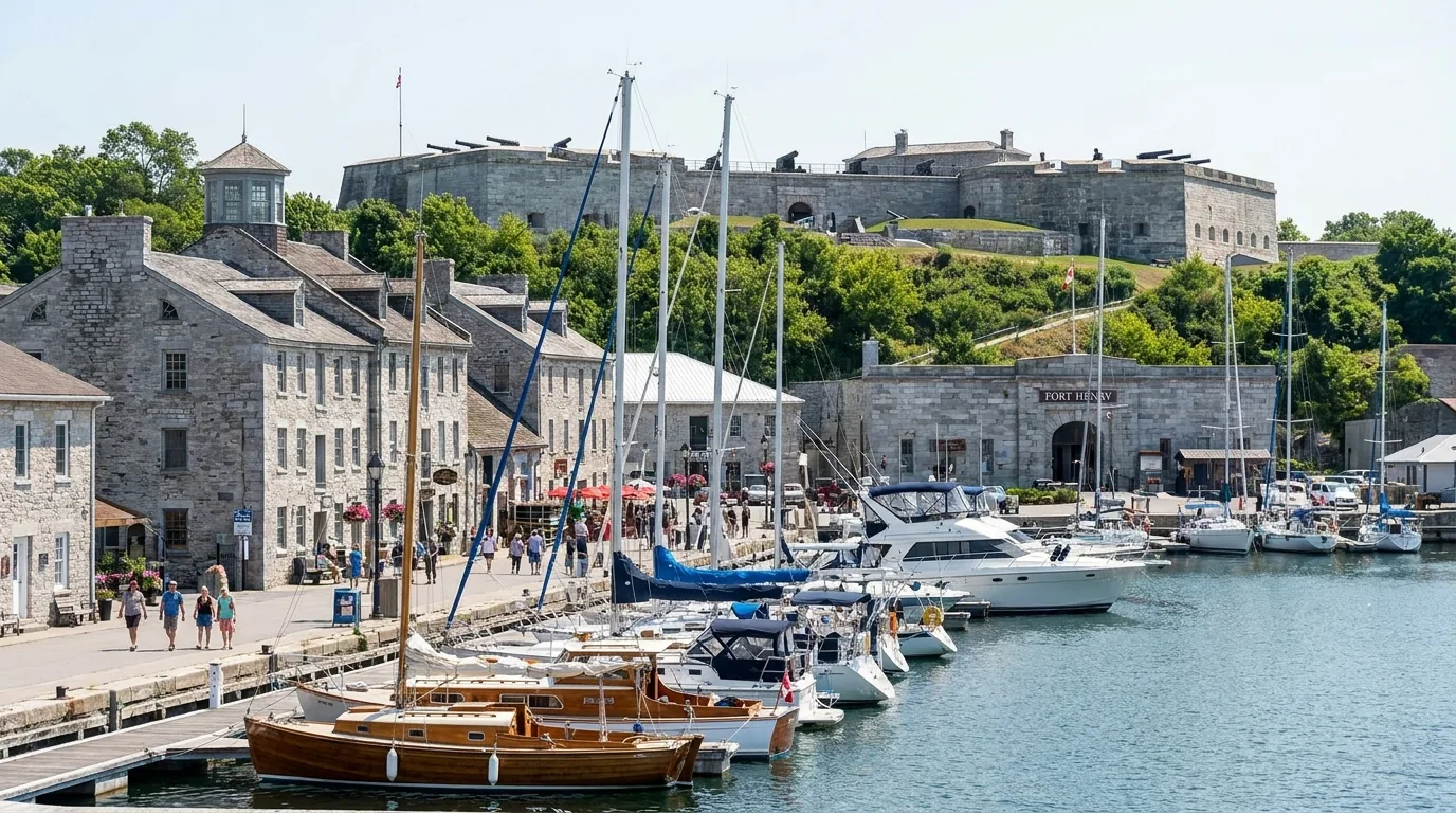 A grey-limestone historic waterfront town with a restored British stone fortress on a hill above the harbour and boats in a marina, Kingston Ontario waterfront and Fort Henry, ultrarealistic photograph representative of the region