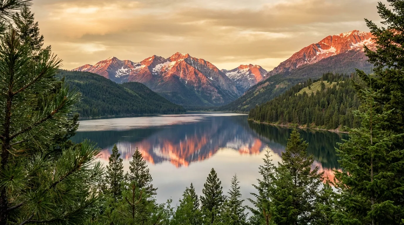 Granite-and-snow peaks rising straight out of a green valley above a glacial lake, with a deep river canyon country beyond, the Wallowa Mountains at golden hour, illustrative render in the series style