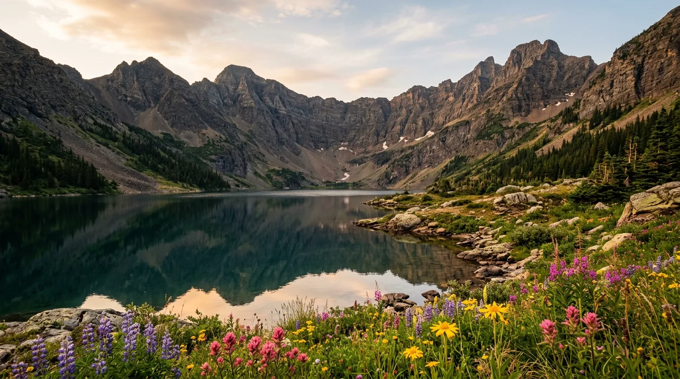 Still subalpine lake in a rocky cirque with wildflower meadows, Bertha Lake, Waterton
