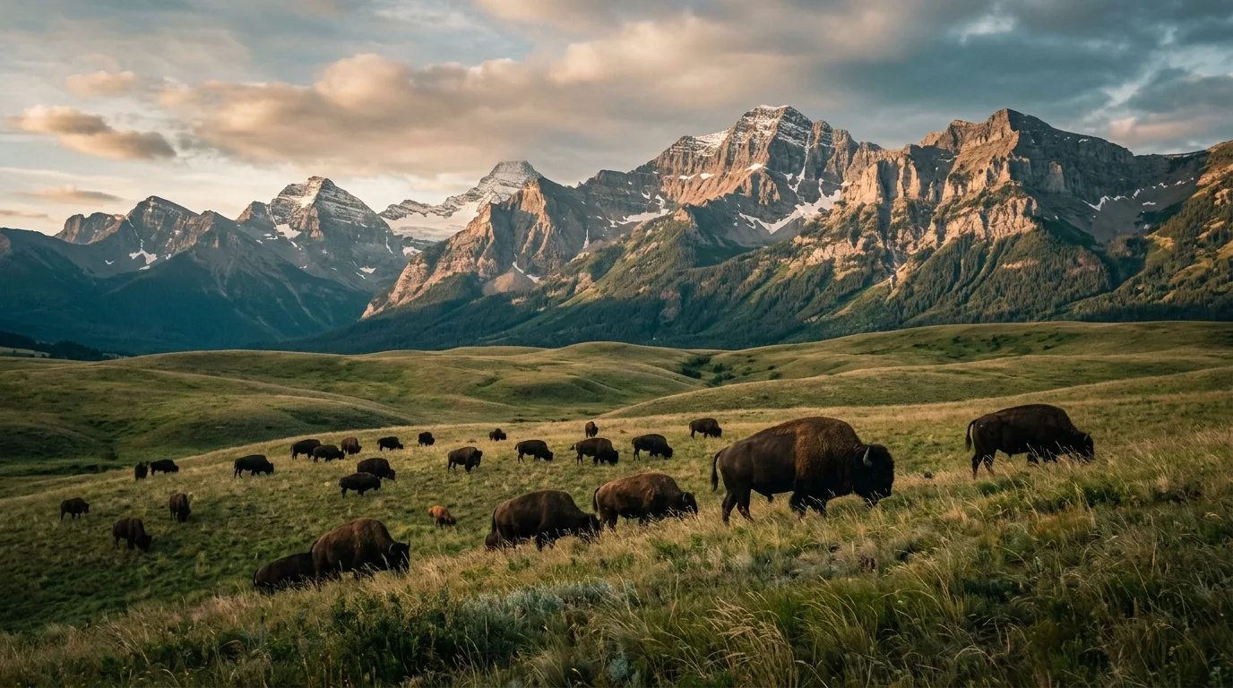 Plains bison grazing on fescue prairie with the Waterton mountain front behind