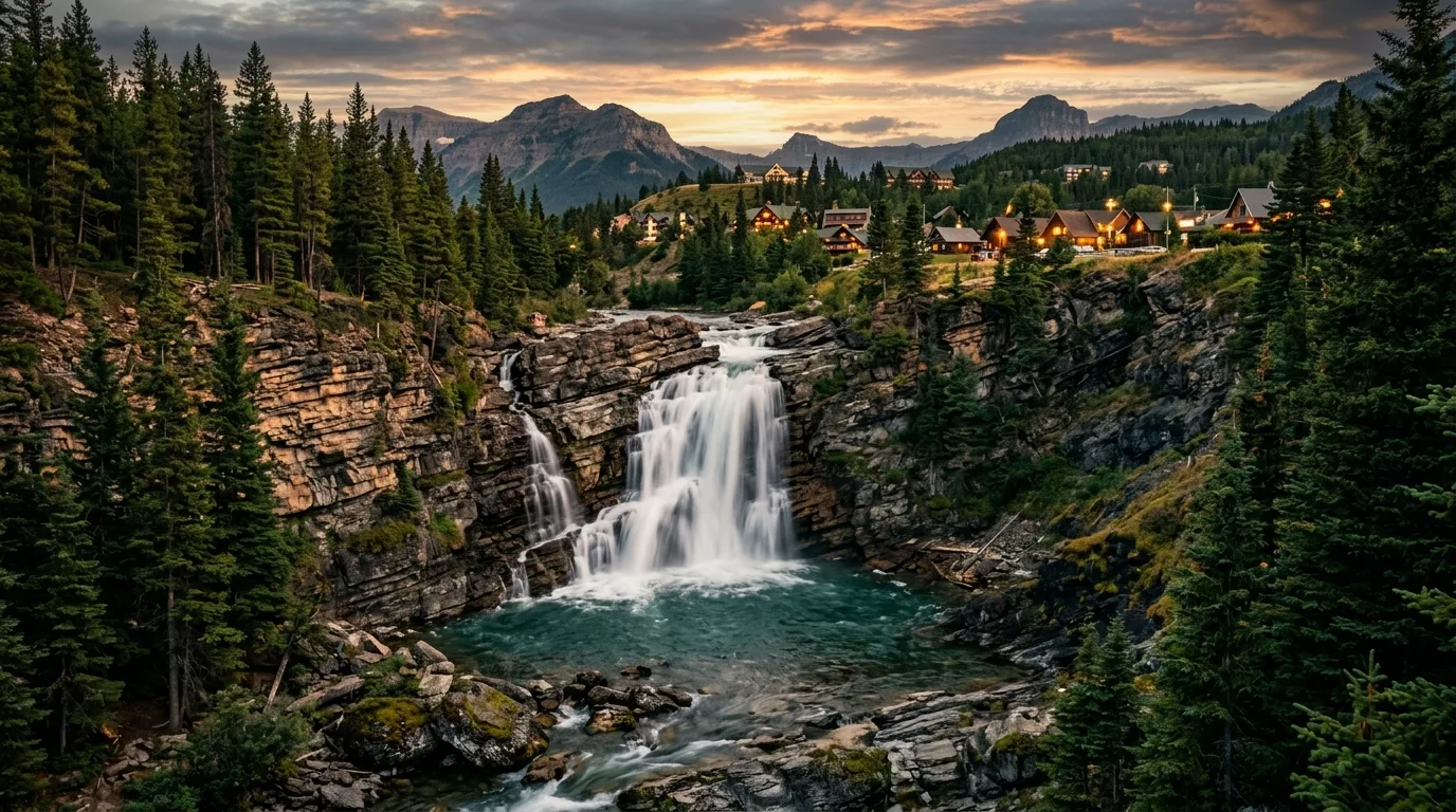 Cameron Falls cascading over ancient layered rock at the edge of Waterton townsite in evening light