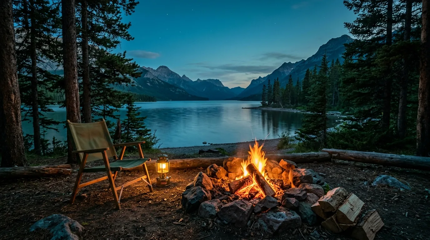 Campfire at a treed lakeside campground at blue hour in southwest Alberta