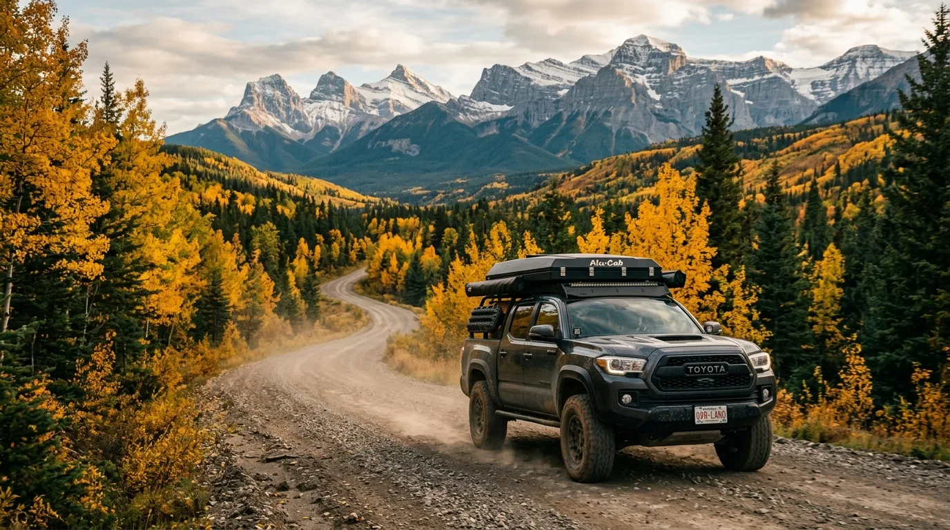 Overland 4x4 with rooftop tent on a gravel forest road through aspen foothills in the Castle region