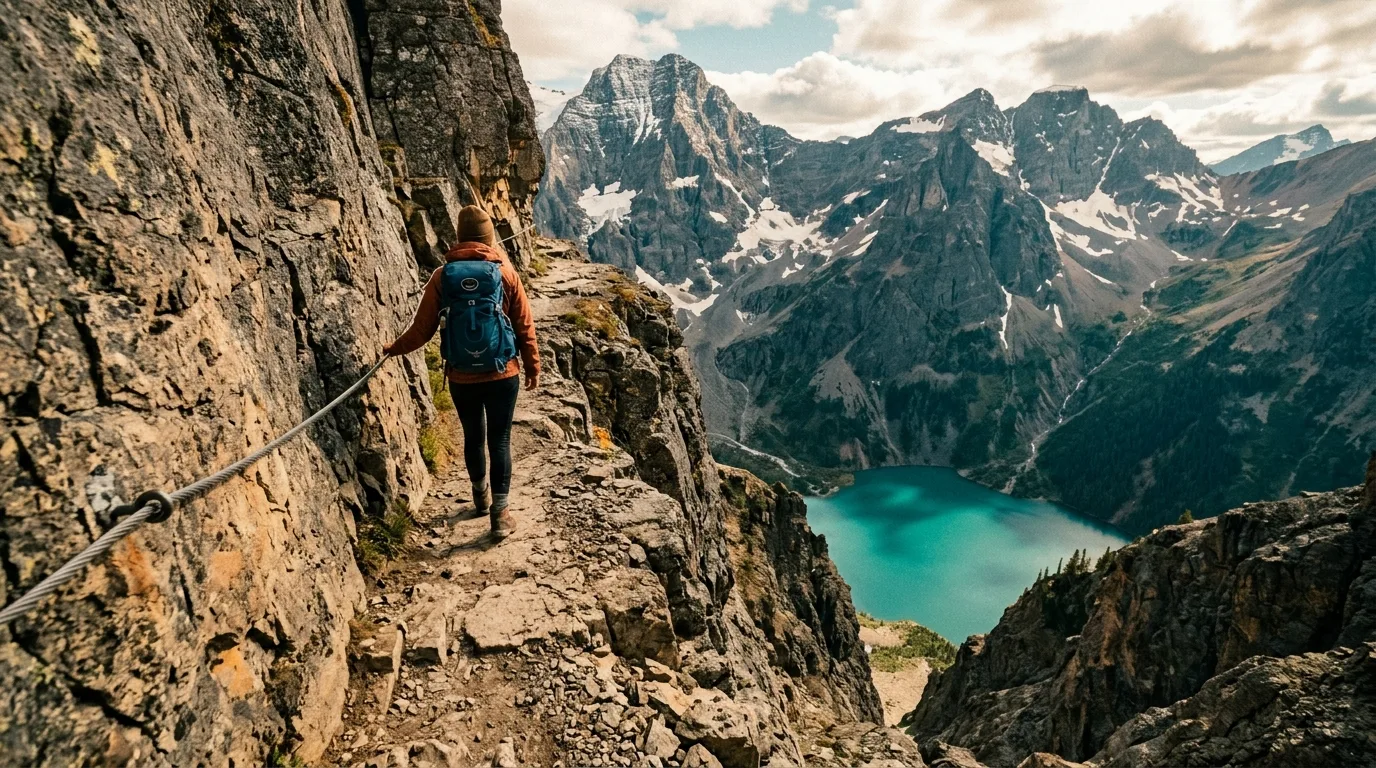 Hiker on the narrow cabled ledge above the turquoise water on the Crypt Lake trail