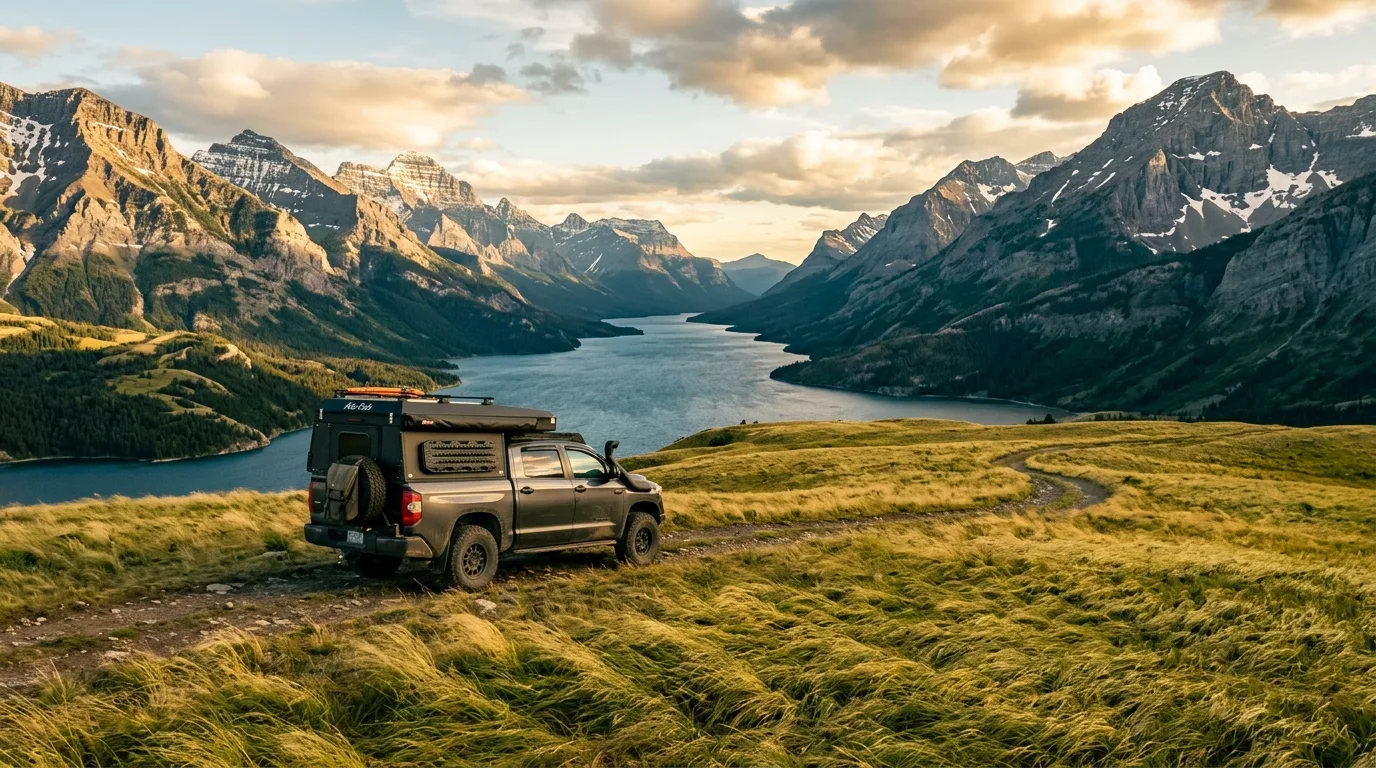 Overland truck camper parked where windswept prairie meets the mountain wall above Waterton Lake at golden hour