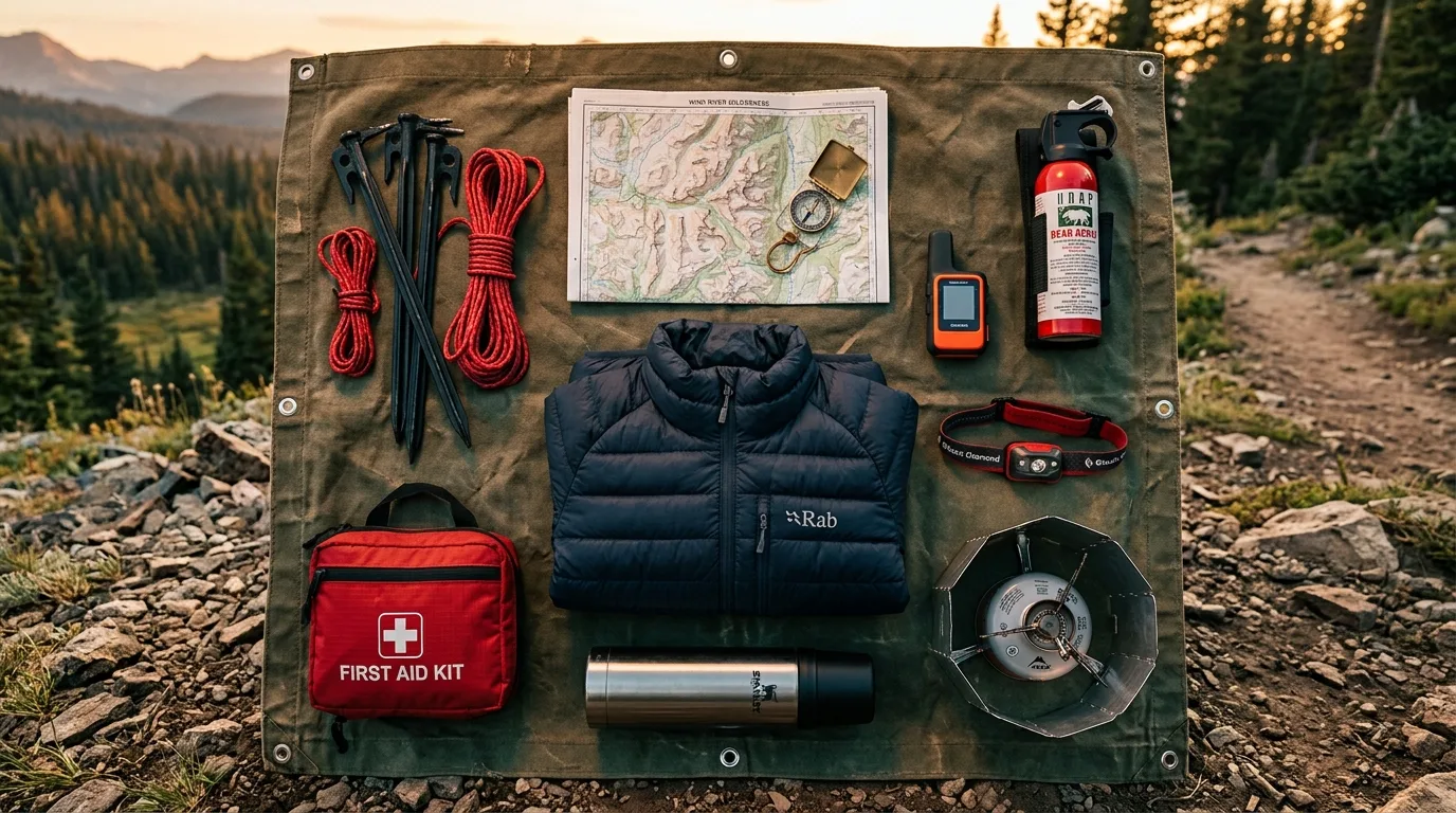 Overhead flat lay of a windproof overlanding kit: heavy stakes, guylines, map, bear spray, satellite communicator, stove windscreen
