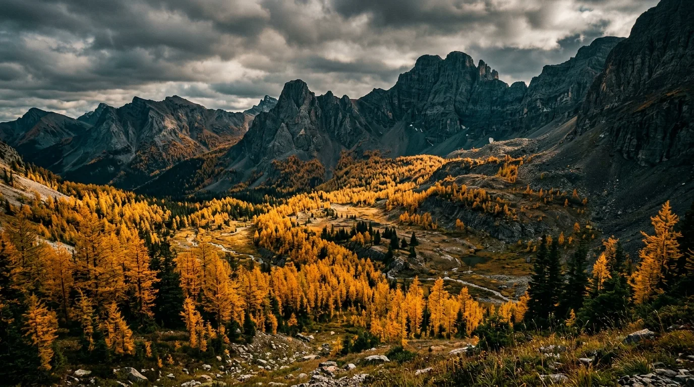 Golden larches across a high alpine basin in late September in the Castle Wildland