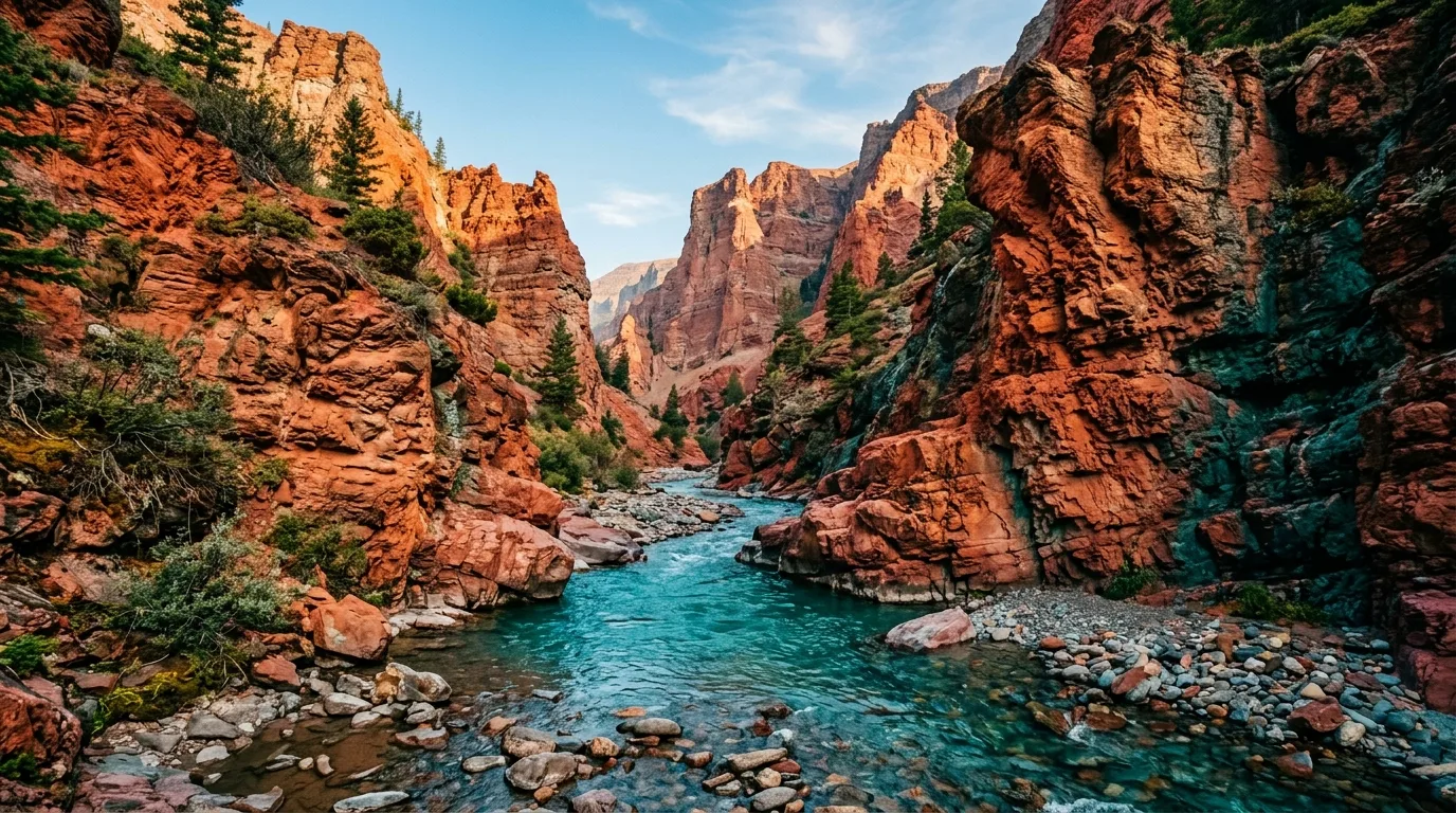 Vivid red argillite canyon with clear turquoise creek, Red Rock Canyon, Waterton