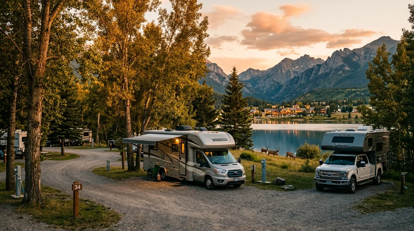 RV and truck camper at a serviced campground loop near a lakeside mountain town with deer grazing at a distance