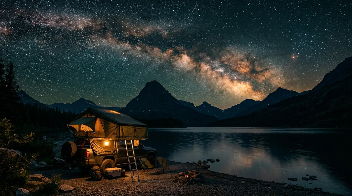 Milky Way over a mountain lake with a rooftop tent glowing at a lakeside campground in the Waterton-Glacier International Dark Sky Park