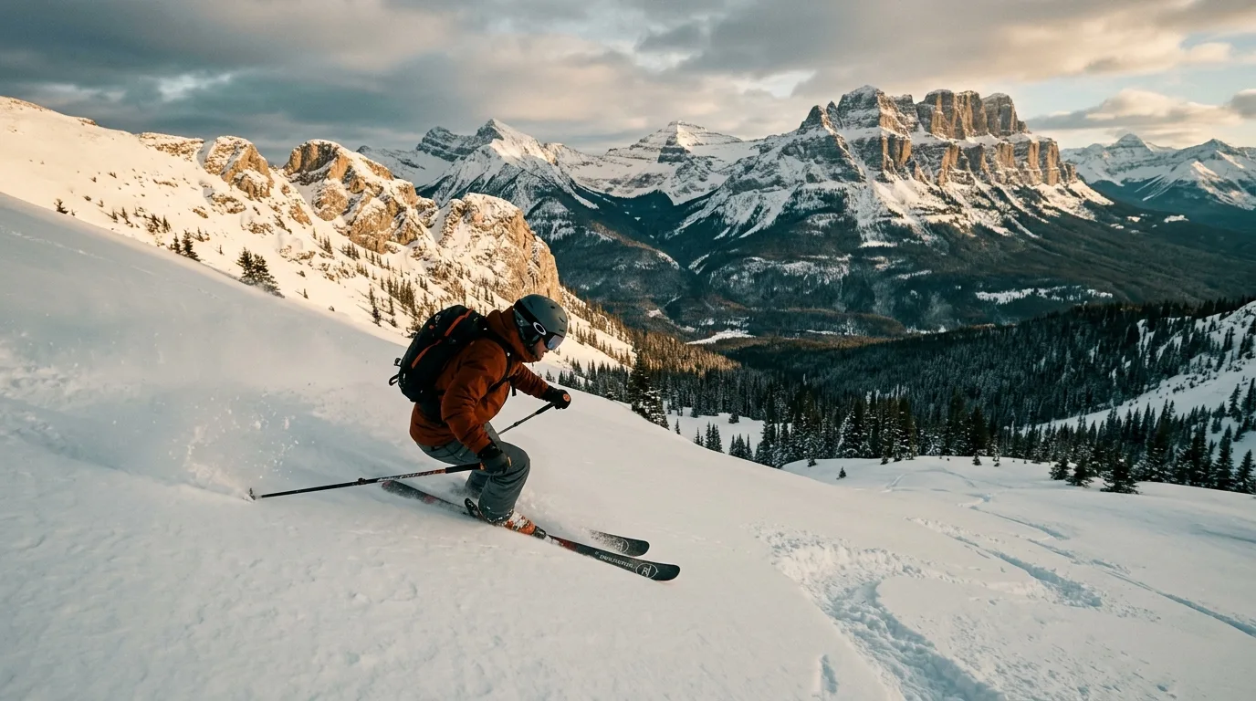 Skier carving quiet powder among limestone peaks at Castle Mountain in deep winter