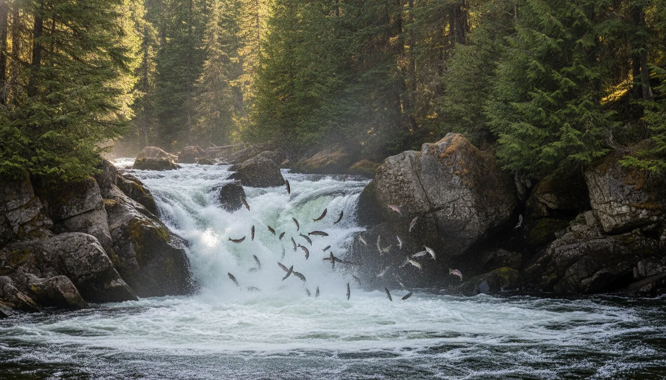 A powerful river chute over dark bedrock with salmon leaping against the current, Bailey's Chute, illustrative render in the series style