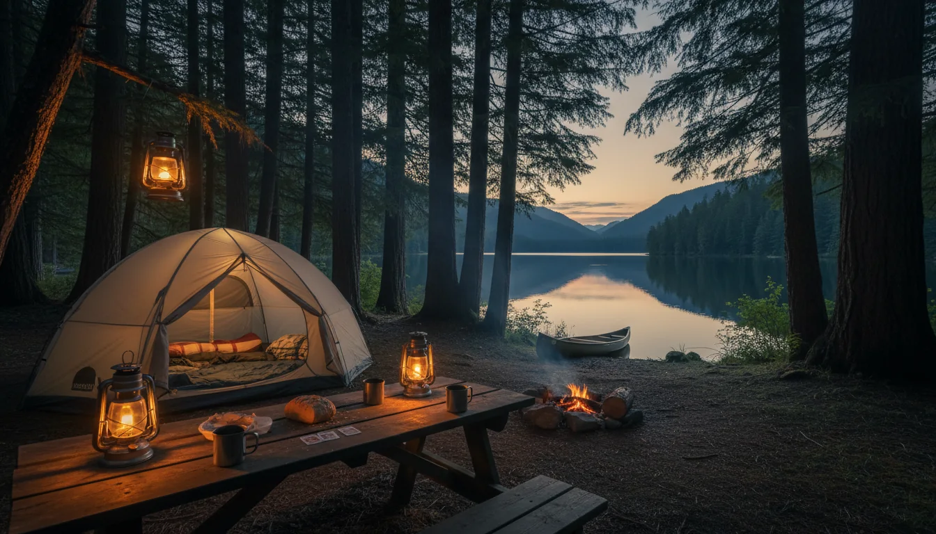 A quiet forest campsite with a tent and picnic table among tall firs in evening light, a Wells Gray campground, illustrative render in the series style