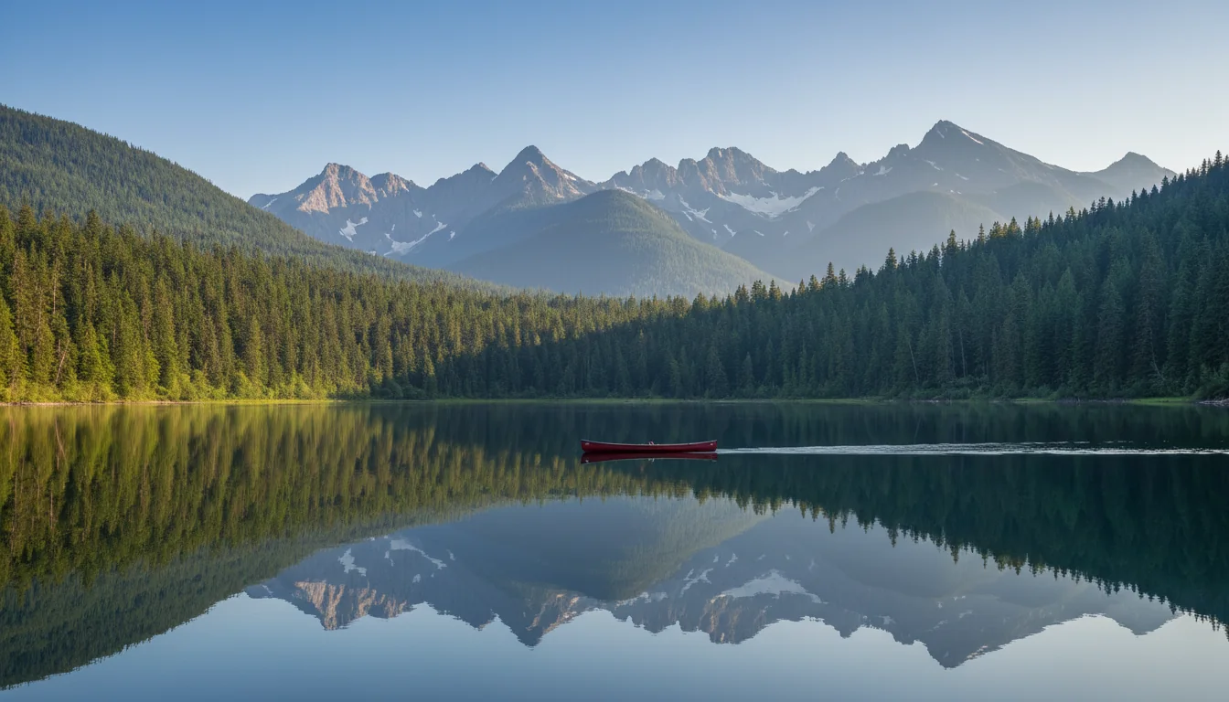 A long turquoise wilderness lake ringed by forested mountains with a canoe on still water, Clearwater Lake, illustrative render in the series style