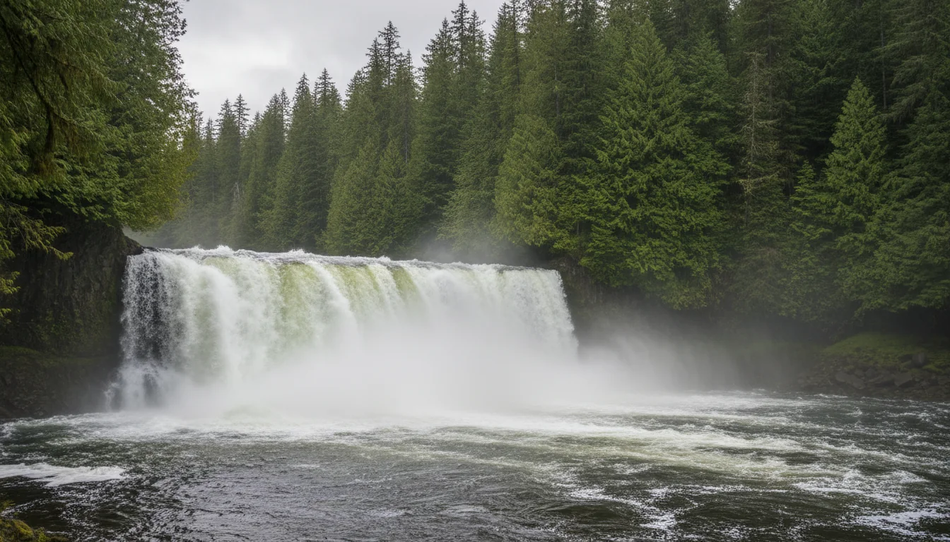 A wide curtain of water spread across a river through old-growth forest, Dawson Falls on the Murtle River, illustrative render in the series style