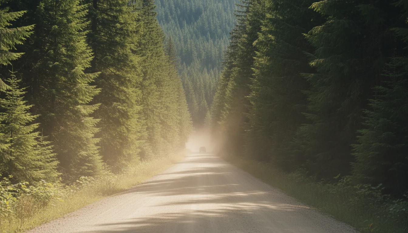 A gravel road curving through dense green forest toward distant snow-capped peaks, the Wells Gray Park Road, illustrative render in the series style
