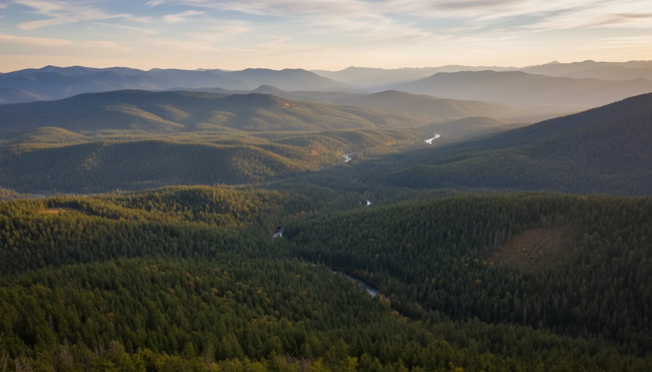An open subalpine ridge with a viewpoint over a broad forested valley, Green Mountain lookout, illustrative render in the series style