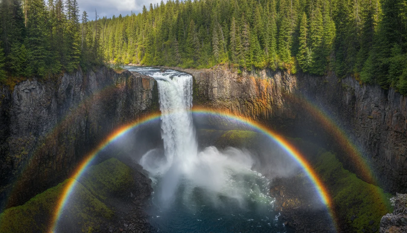 An enormous single waterfall plunging from a volcanic lip into a deep misty canyon, Helmcken Falls, illustrative render in the series style