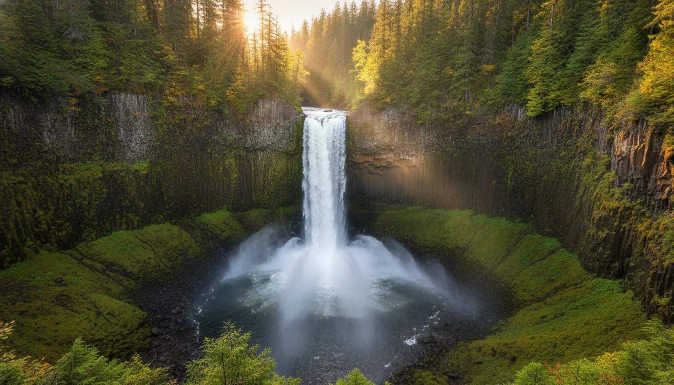 A vast glaciated valley of waterfalls and forest under evening light, the Clearwater Valley in Wells Gray Provincial Park, illustrative render in the series style