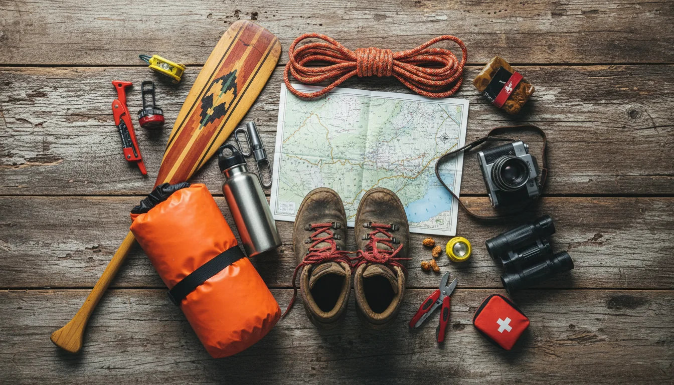 Overhead flat lay of Wells Gray kit: a satellite messenger, bear spray in a holster, a paper map, a fuel can and a camp stove, illustrative render in the series style