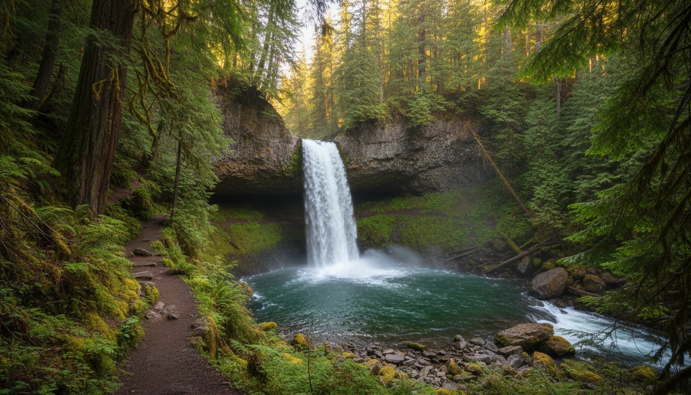 A waterfall dropping into a mossy forest bowl with a trail leading behind the curtain of water, Moul Falls, illustrative render in the series style