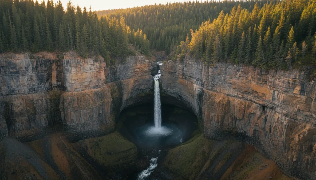A tall thin waterfall dropping through a red-rock canyon slot into a forested gorge, Spahats Creek Falls, illustrative render in the series style
