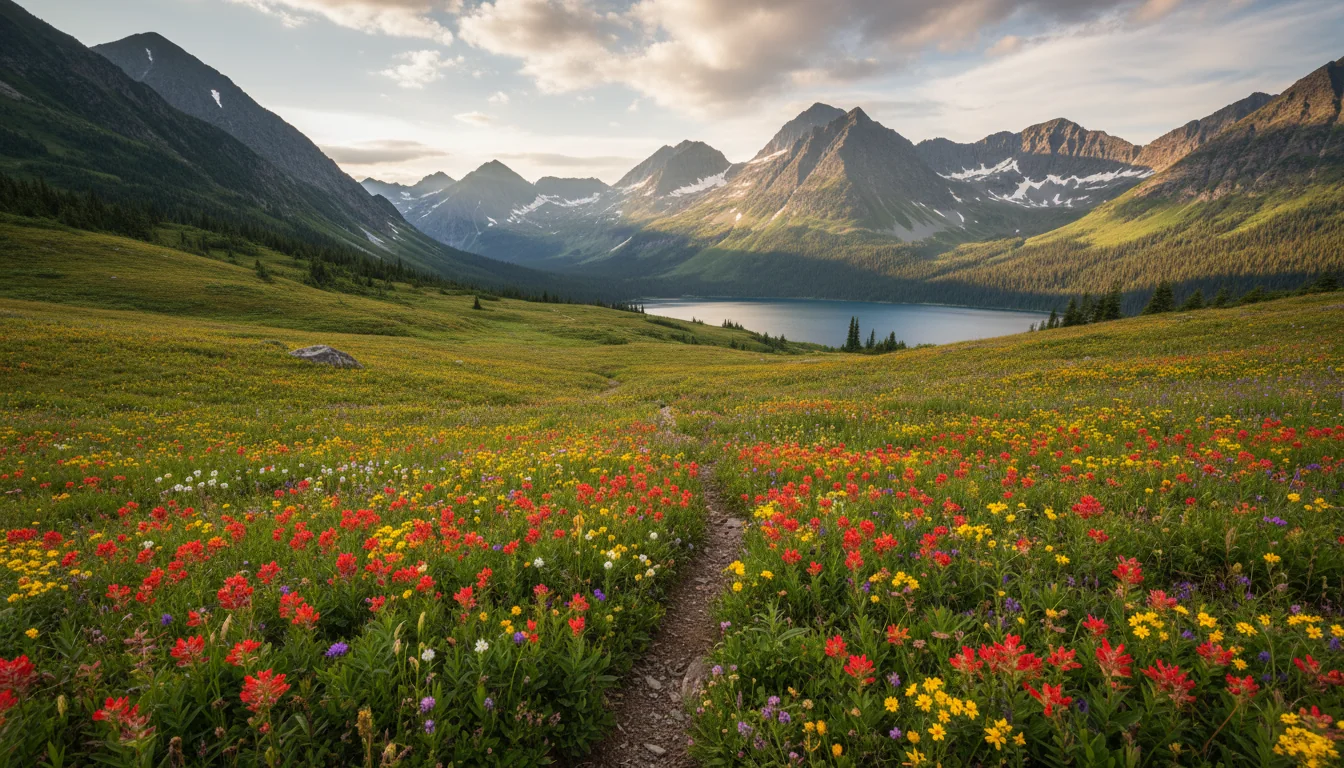 Rolling sub-alpine meadows carpeted with wildflowers below rounded peaks, the Trophy Mountains, illustrative render in the series style