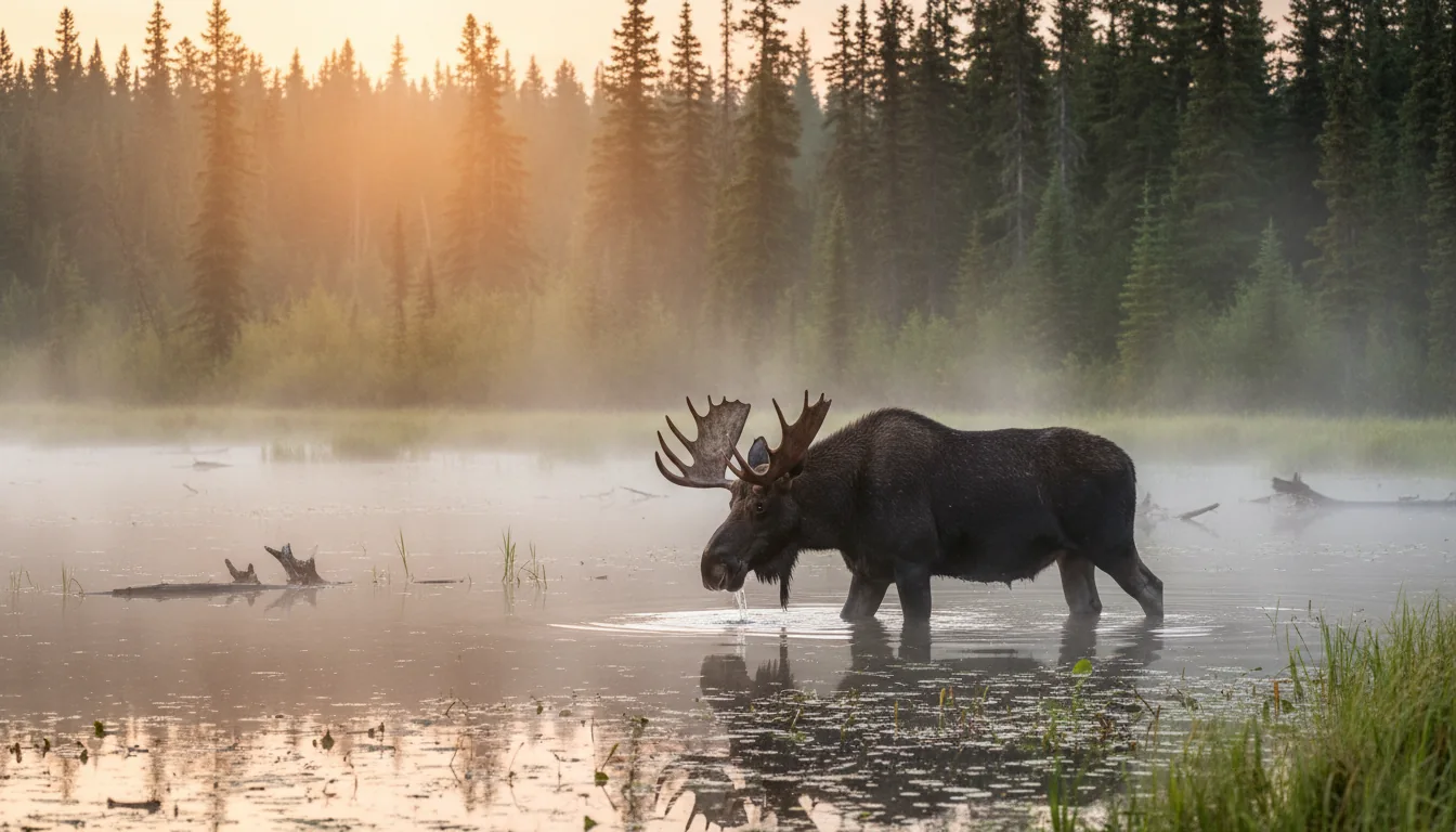 A moose standing in a misty lakeshore wetland at dawn with forest behind, Wells Gray wildlife, illustrative render in the series style