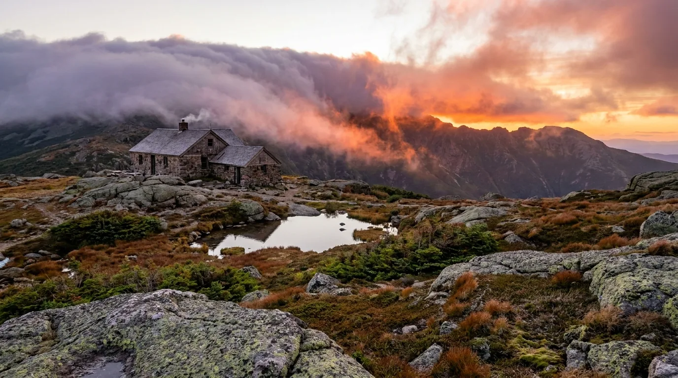 A small weathered stone and timber mountain lodge building on a high alpine shelf beside a tiny tarn, bare granite and low alpine tundra vegetation all around with no trees, cloud pouring over the ridge behind it at sunset, the White Mountains of New Hampshire, ultrarealistic photograph representative of the region