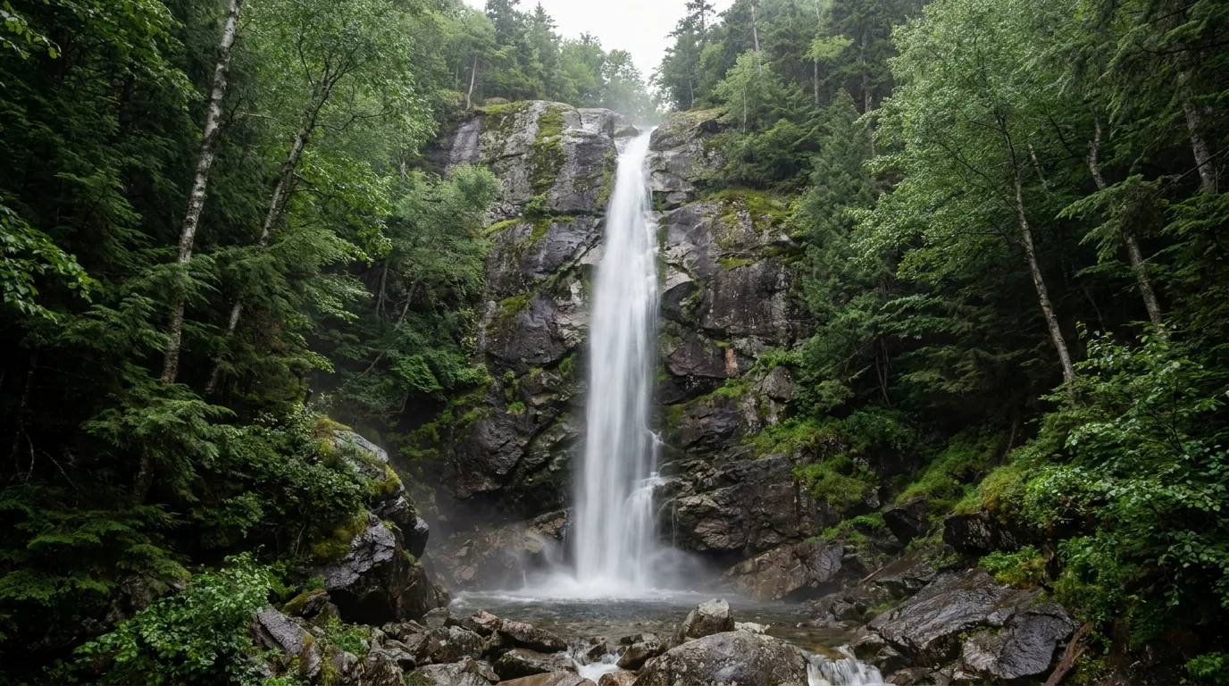 A tall slender single-drop waterfall plunging down a dark wet granite cliff face into a boulder-strewn plunge pool with dense green hemlock birch and spruce forest crowding in on all sides, mist and wet rock, the White Mountains of New Hampshire, ultrarealistic photograph representative of the region