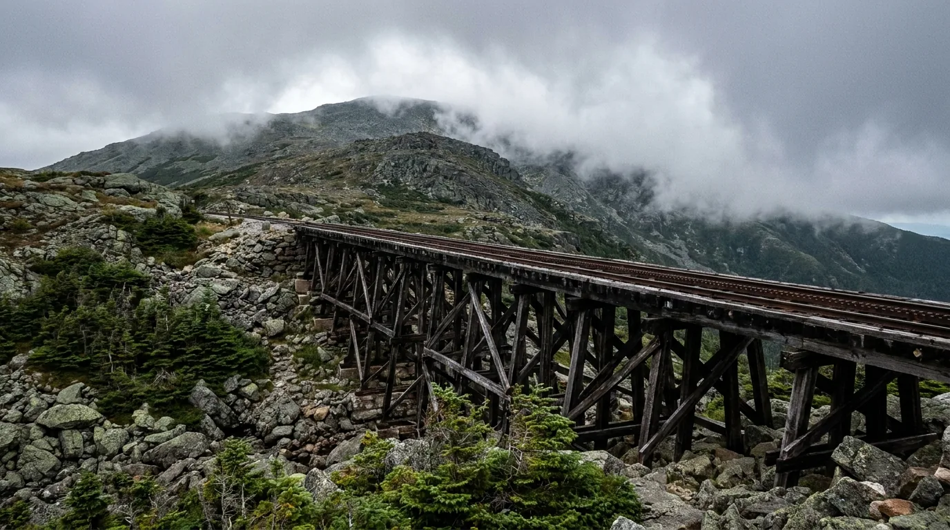A steep narrow mountain railway trestle of dark timber climbing a bare rocky alpine slope at an extreme angle, weathered rails and cog track, boulder fields and stunted krummholz spruce below, cloud swirling above, the White Mountains of New Hampshire, ultrarealistic photograph representative of the region