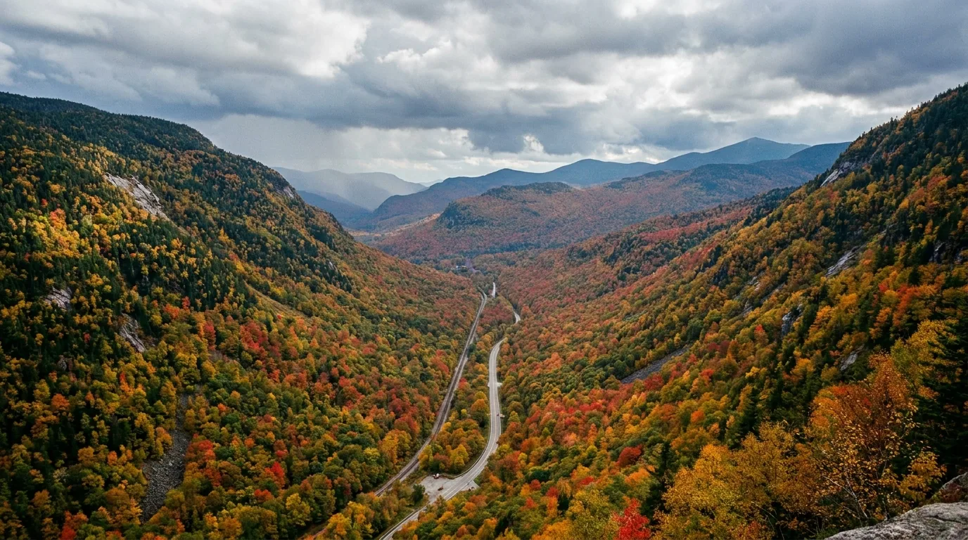 Looking straight down the U-shape of a deep glacier-cut mountain notch from a cliff-top ledge, a thin road and railway threading the valley floor far below, steep forested walls of birch spruce and maple in early autumn on both sides and layered mountains receding into haze, the White Mountains of New Hampshire, ultrarealistic photograph representative of the region