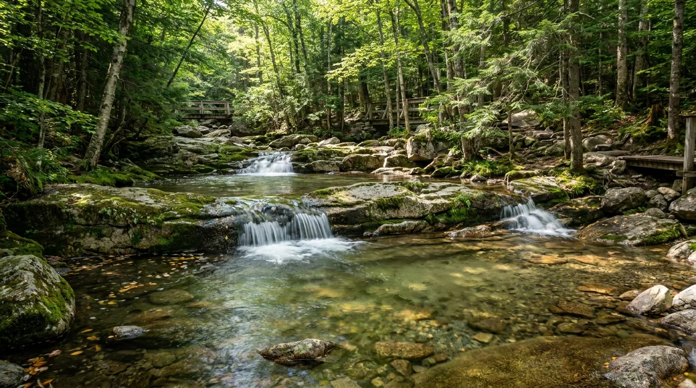 A staircase of low cascades and clear shallow swimming pools over broad smooth granite ledges on a forest brook, green birch and hemlock forest crowding the banks in dappled summer light, the White Mountains of New Hampshire, ultrarealistic photograph representative of the region