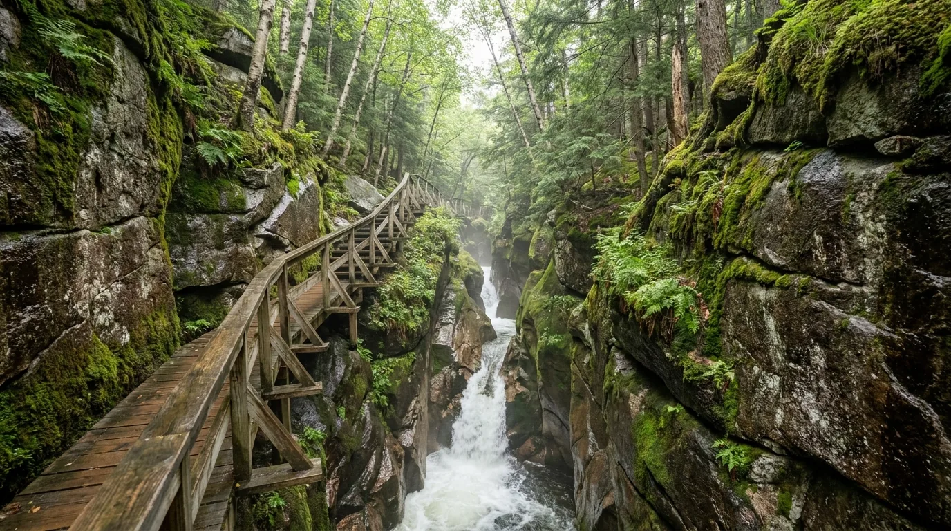 A narrow granite gorge with mossy vertical walls seventy to ninety feet high, a wooden boardwalk staircase hugging one wall and a white waterfall pouring through the slot below, ferns and dripping rock with birch and hemlock above, the White Mountains of New Hampshire, ultrarealistic photograph representative of the region