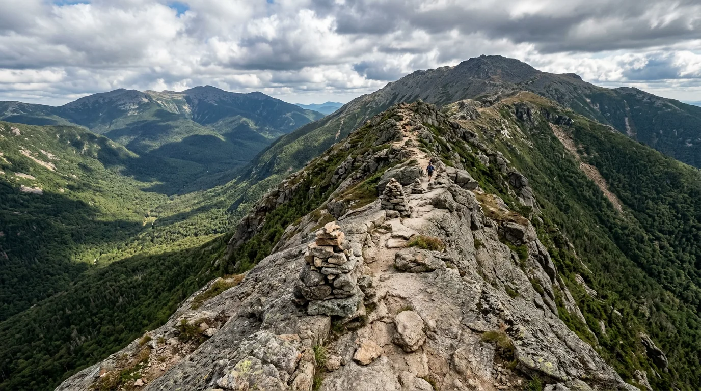 A narrow exposed alpine ridge trail of bare granite marked by stone cairns running along a knife-edge crest with steep drops into forested glacial valleys on both sides and no trees on the ridge, cloud shadows moving across, the White Mountains of New Hampshire, ultrarealistic photograph representative of the region