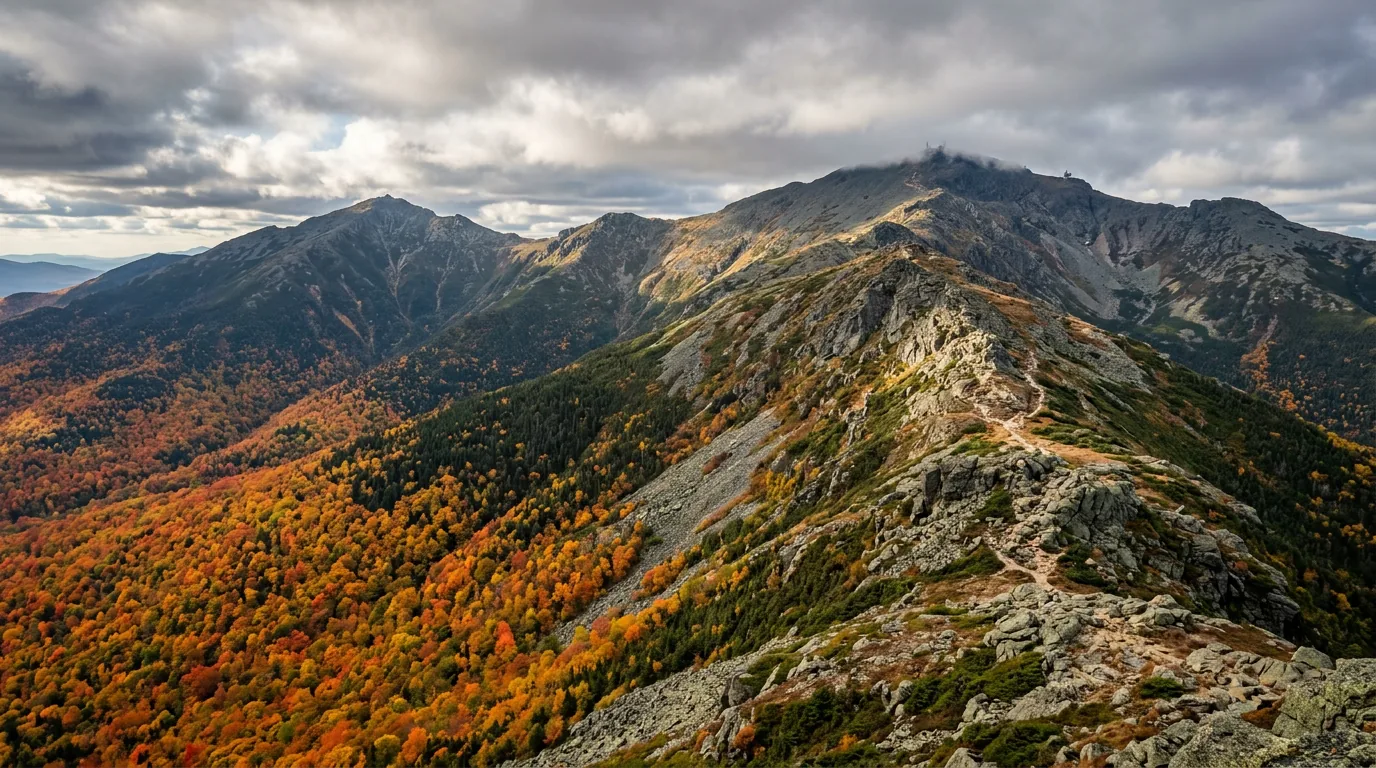 A long rocky alpine ridge of grey granite and scree above treeline running toward a distant high summit, with blazing orange and red birch and maple forest on the lower slopes and dark spruce below, broken cloud overhead, the Presidential Range in the White Mountains of New Hampshire, ultrarealistic photograph representative of the region