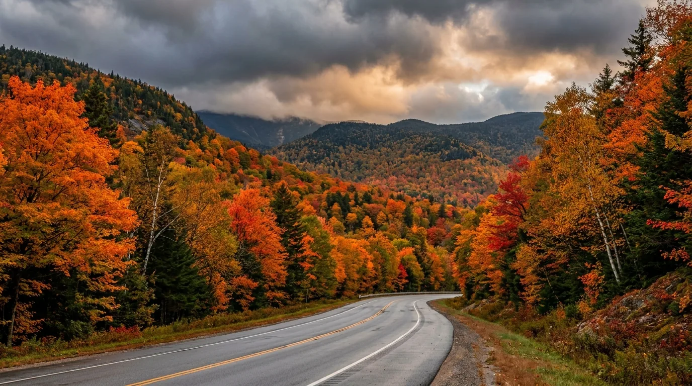 A two-lane mountain highway curving through a forested pass at peak autumn colour with brilliant orange scarlet and gold maple and birch on both sides and dark spruce, no buildings or services anywhere, mountains beyond, the Kancamagus Highway area of the White Mountains New Hampshire, ultrarealistic photograph representative of the region