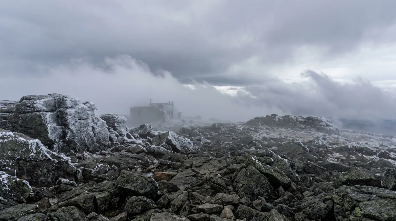 A bleak rocky mountain summit plateau of shattered grey boulders and rime-frosted rock with wind-torn cloud tearing across and a hint of a summit structure in the mist, no vegetation, the White Mountains of New Hampshire, ultrarealistic photograph representative of the region