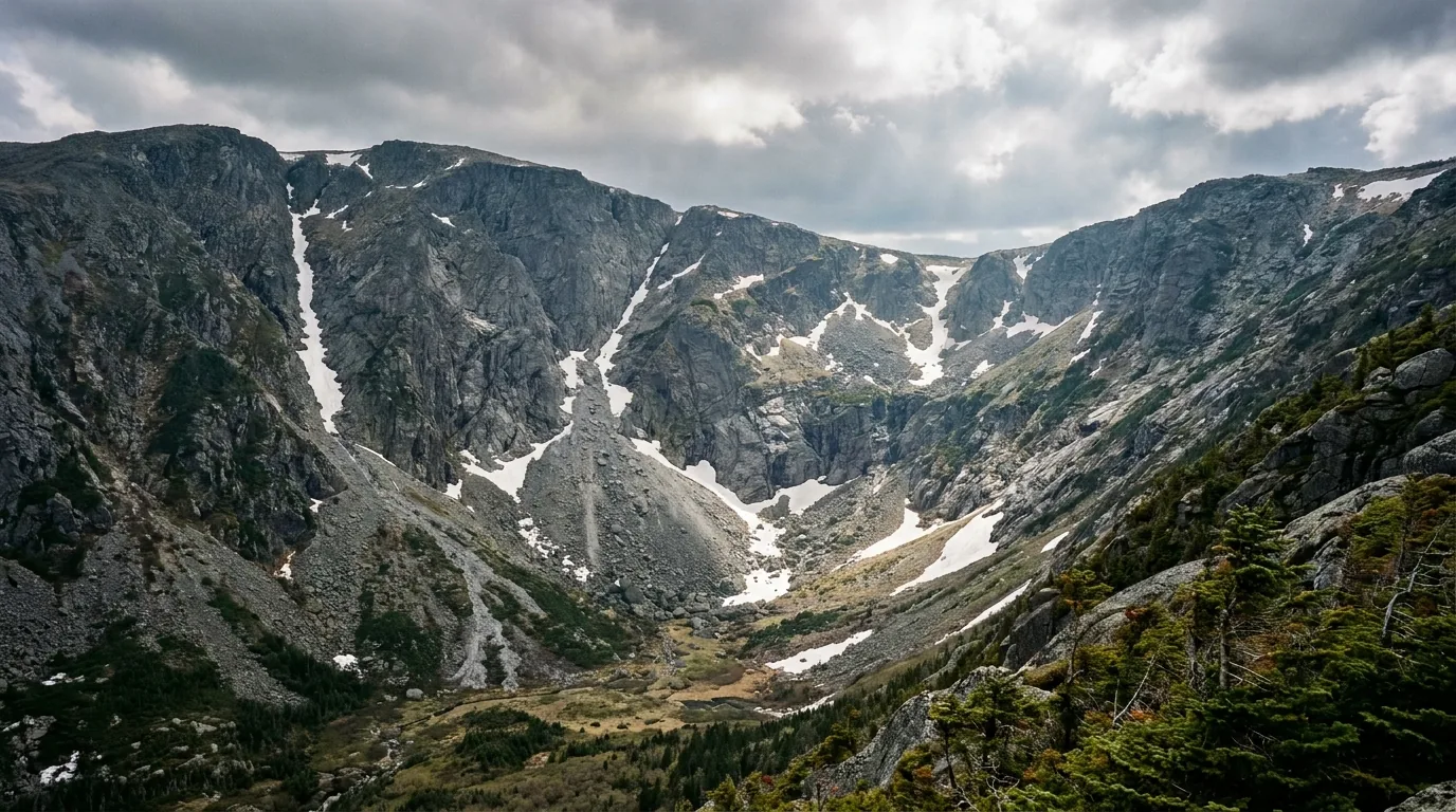 A huge glacial cirque bowl carved into a mountain's east face with a steep headwall of grey rock and boulder fields, lingering snow patches in the gullies and stunted spruce at the rim, seen from the valley floor, the White Mountains of New Hampshire, ultrarealistic photograph representative of the region