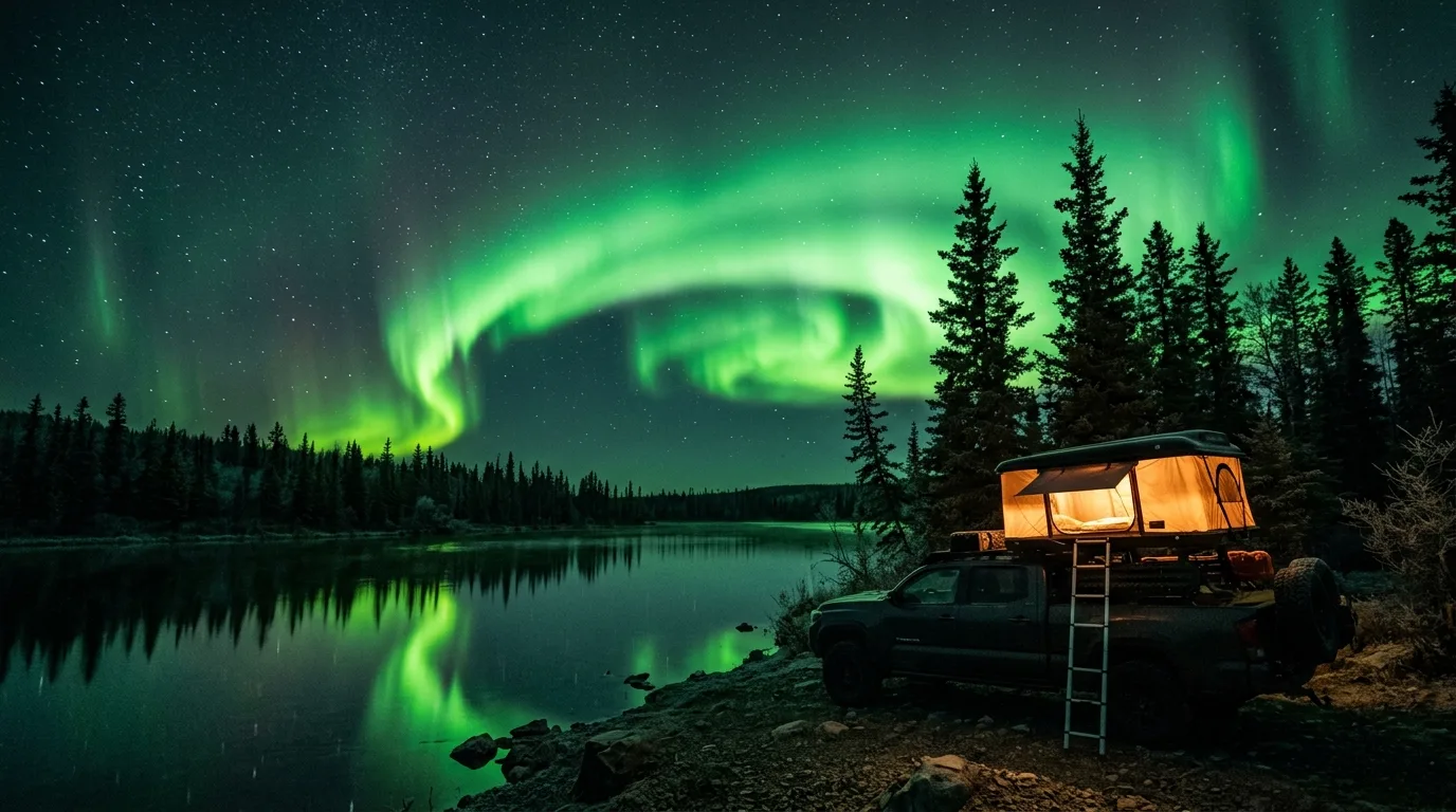 Aurora borealis in green curtains over a dark campground with a canvas tent glowing near Grande Cache