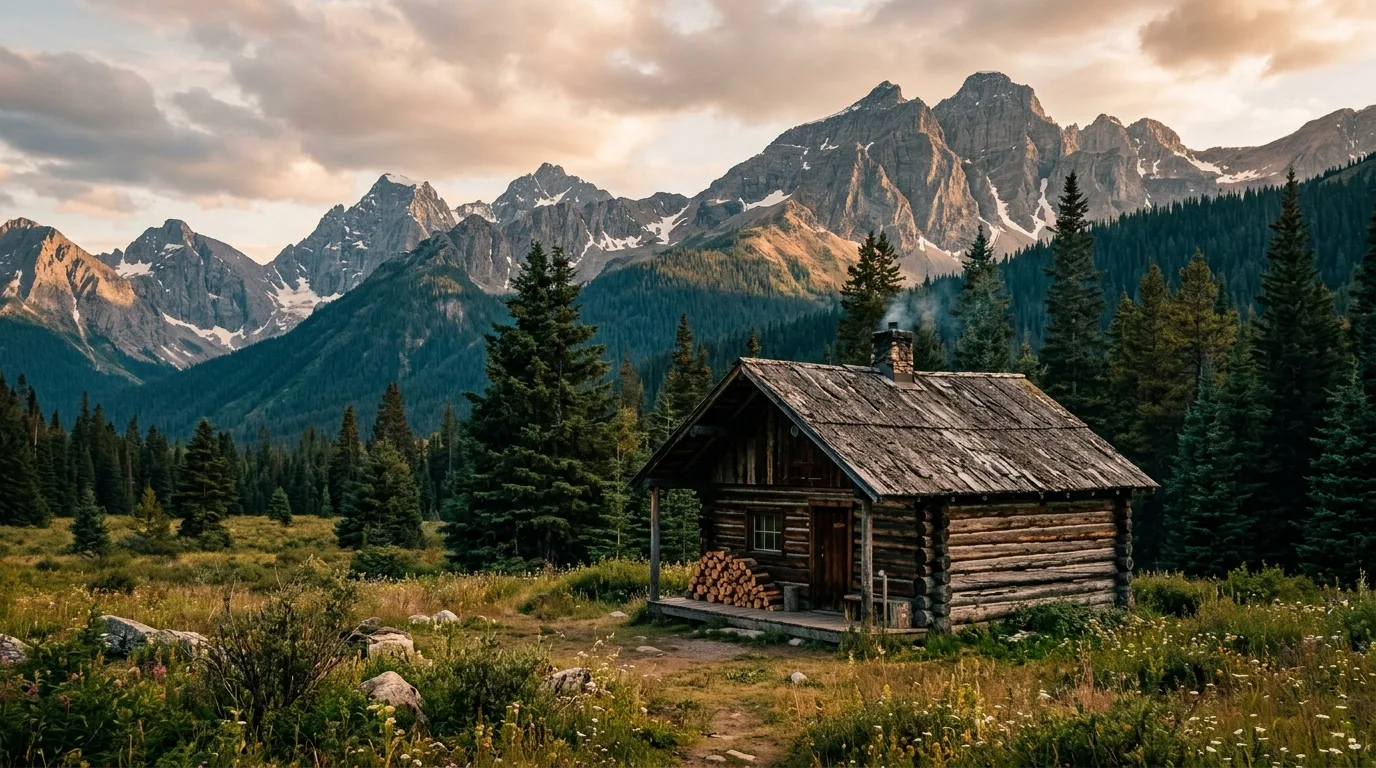 Weathered historic log cabin in a mountain meadow deep in the Willmore backcountry