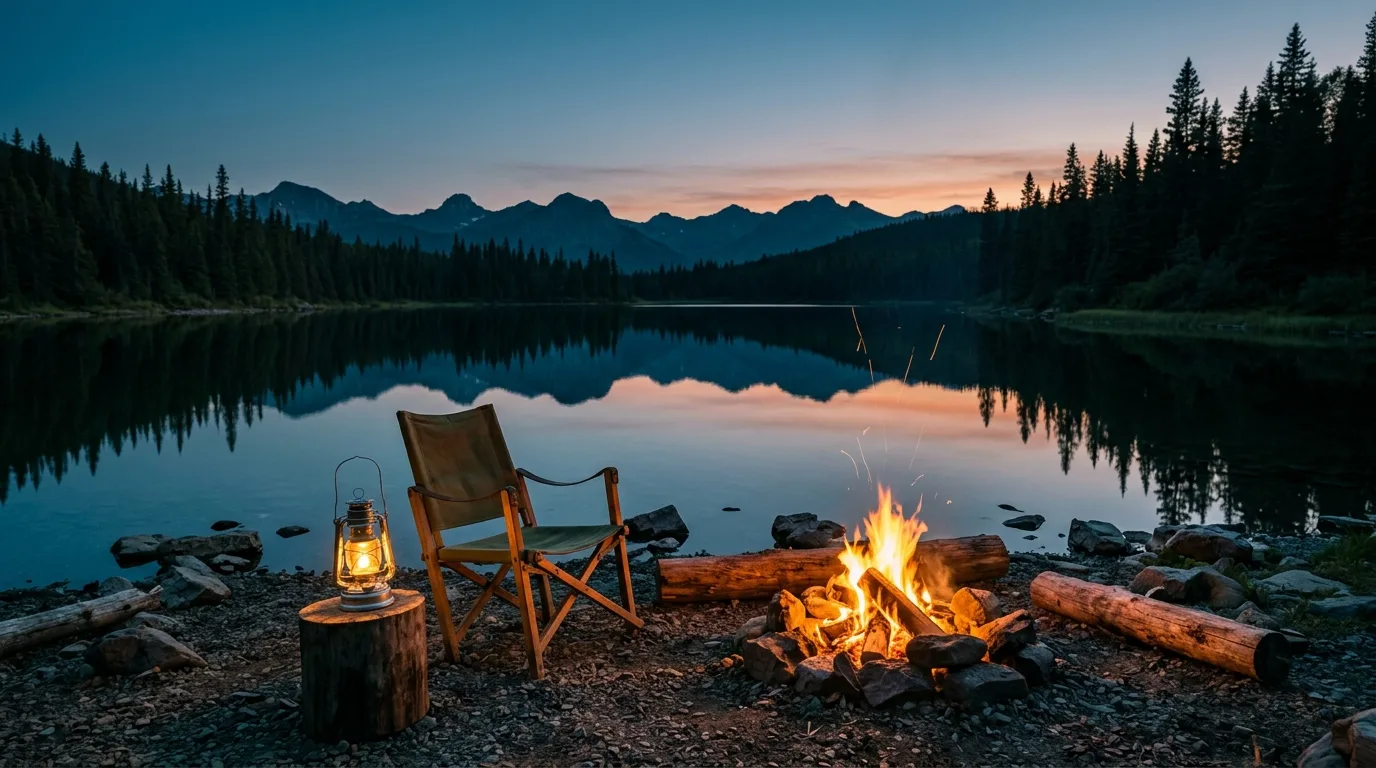 Truck camper with campfire at a treed unserviced campground site in the Alberta foothills at dusk