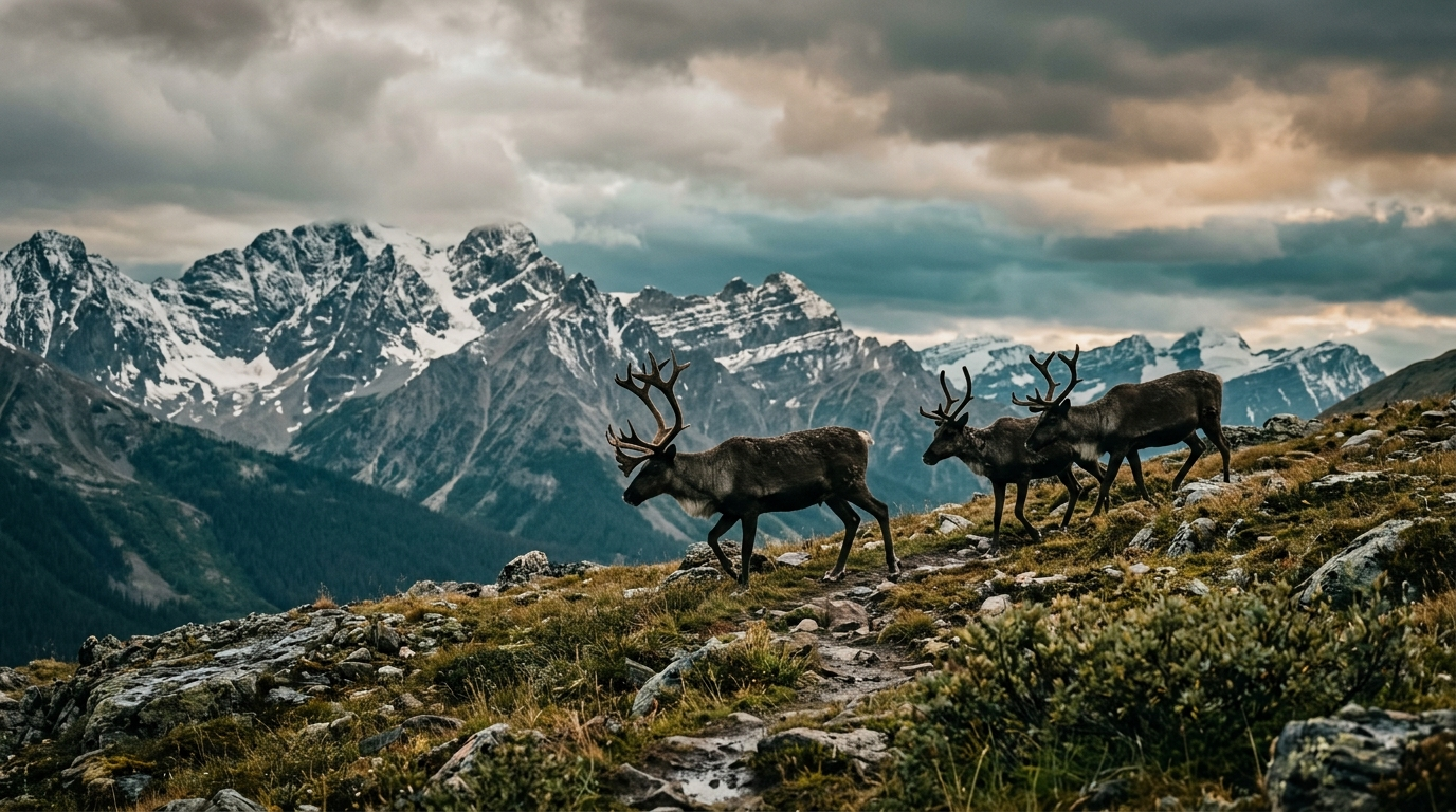 Mountain caribou crossing an open alpine plateau in early morning light in the northern Rockies