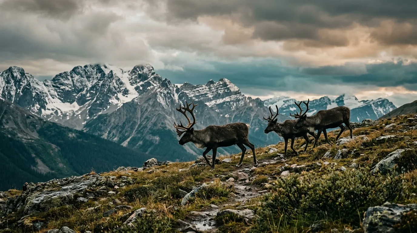Mountain caribou crossing an open alpine plateau in early morning light in the northern Rockies