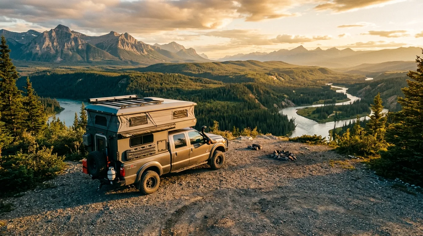 Overland truck with rooftop tent parked at a staging area below vast roadless Rocky Mountain wilderness at golden hour near Grande Cache