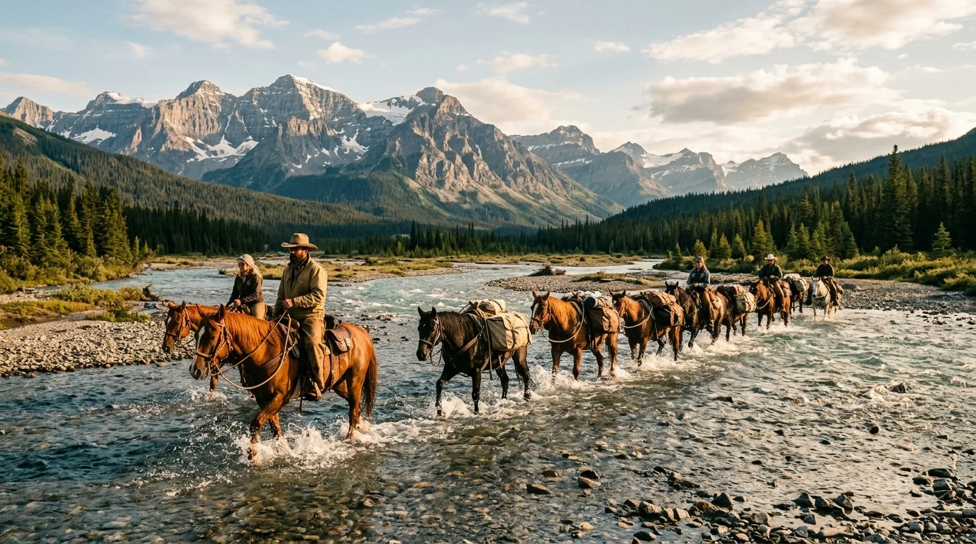 Pack horses and riders fording a braided glacial river on a horse-packing expedition in the Willmore Wilderness