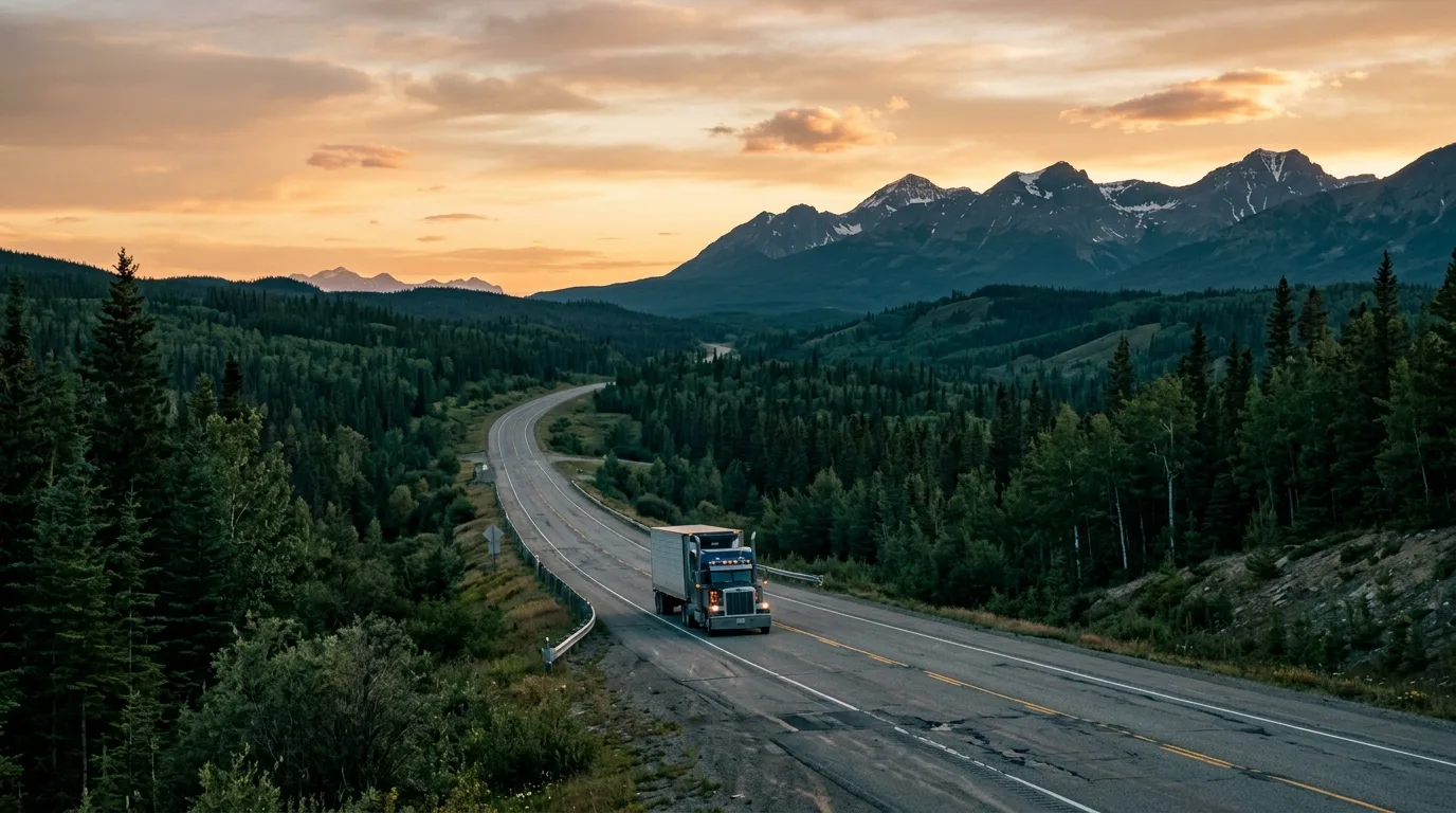 Empty paved Highway 40 sweeping through endless spruce foothills toward distant Rocky Mountains