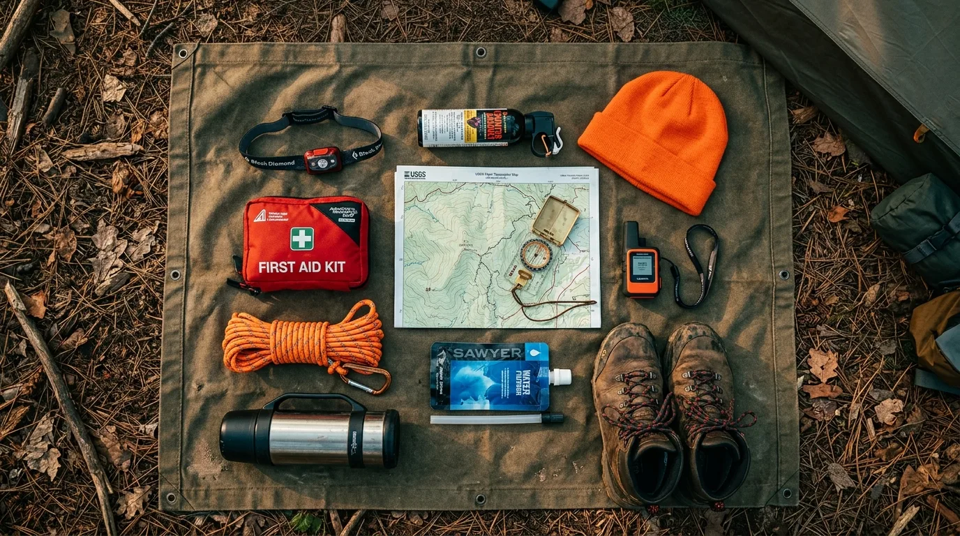 Overhead flat lay of a wilderness overlanding kit: satellite communicator, topographic map, bear spray, water containers, blaze orange vest, ford sandals, first aid