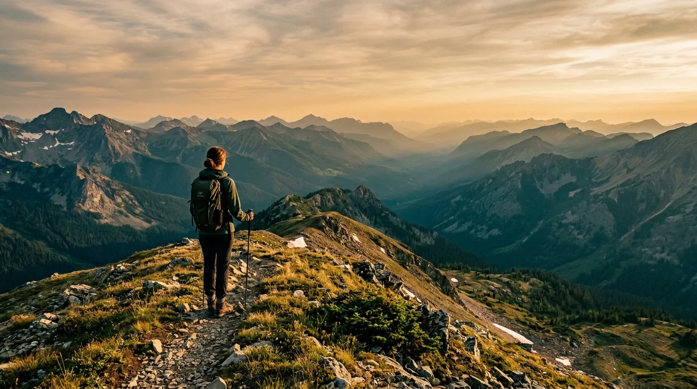 Solo backpacker on an open alpine ridge deep in roadless wilderness with endless unnamed peaks behind